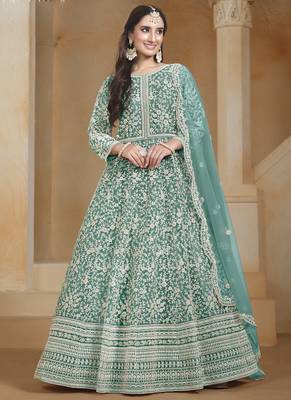 Sea green net embroidered anarkali suit 1