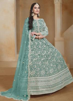 Sea green net embroidered anarkali suit 2