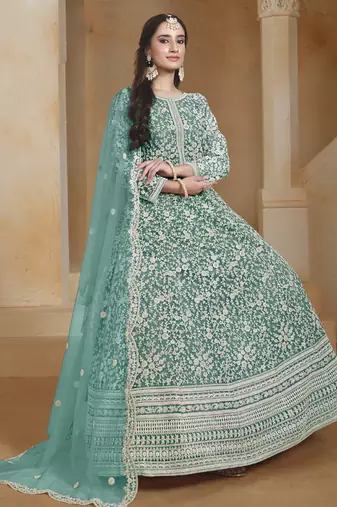 Sea green net embroidered anarkali suit