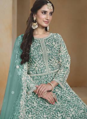 Sea green net embroidered anarkali suit 3
