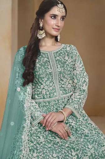 Sea green net embroidered anarkali suit