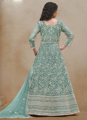 Sea green net embroidered anarkali suit 4