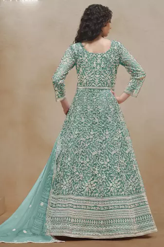 Sea green net embroidered anarkali suit