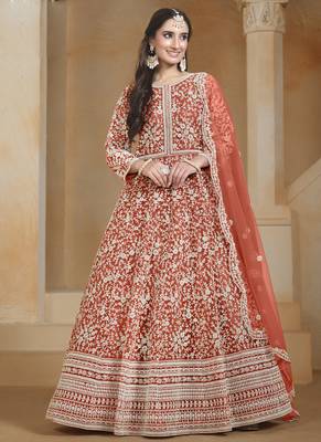 Orange net embroidered anarkali suit 1