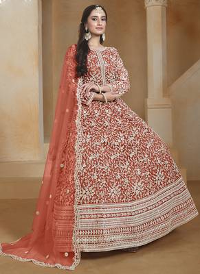 Orange net embroidered anarkali suit 2