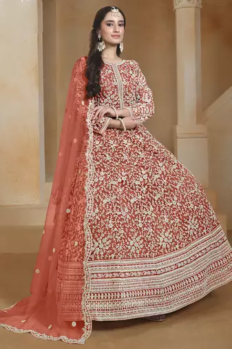 Orange net embroidered anarkali suit