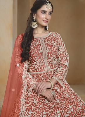 Orange net embroidered anarkali suit 3