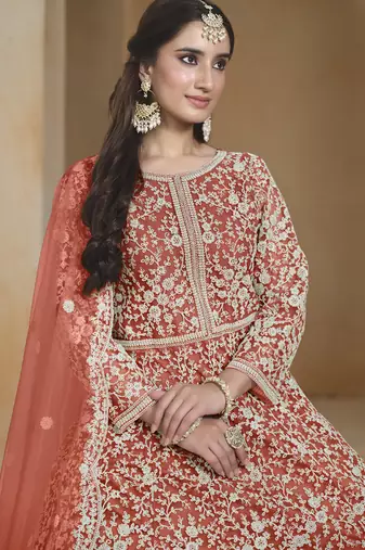 Orange net embroidered anarkali suit