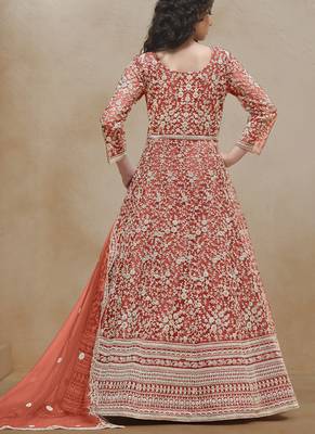 Orange net embroidered anarkali suit 4