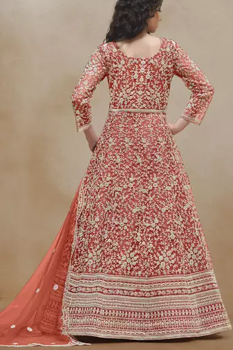 Orange net embroidered anarkali suit