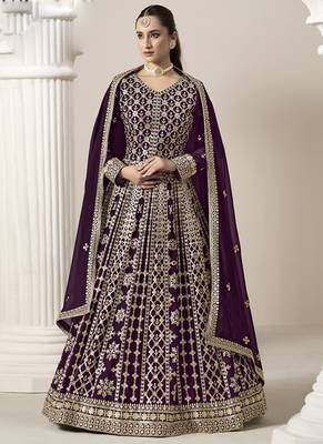 Wine faux georgette embroidered anarkali suit 1
