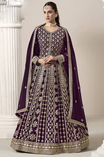 Wine faux georgette embroidered anarkali suit