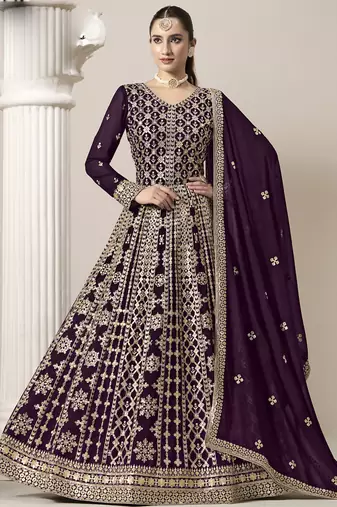 Wine faux georgette embroidered anarkali suit
