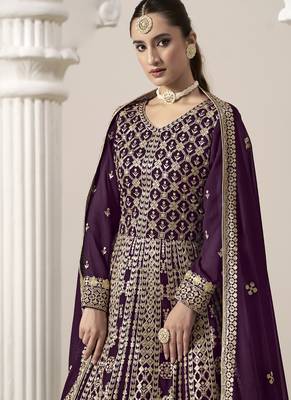 Wine faux georgette embroidered anarkali suit 3