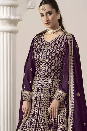 Wine faux georgette embroidered anarkali suit