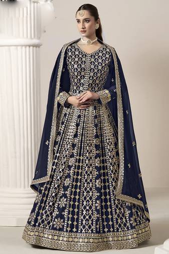 Navy blue faux georgette embroidered anarkali suit