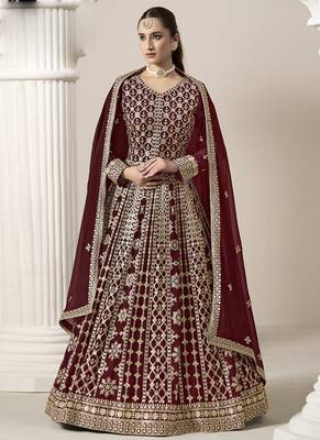 Maroon faux georgette embroidered anarkali suit 1