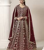 Maroon faux georgette embroidered anarkali suit