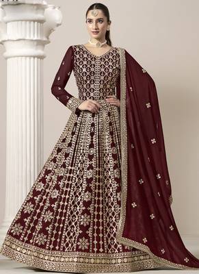 Maroon faux georgette embroidered anarkali suit 2