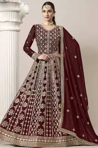 Maroon faux georgette embroidered anarkali suit
