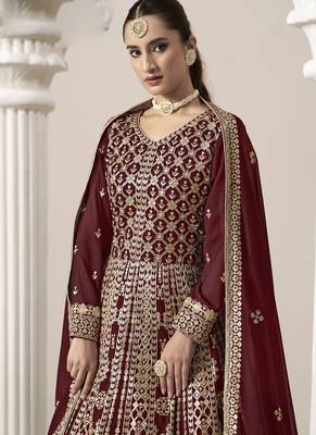 Maroon faux georgette embroidered anarkali suit 3