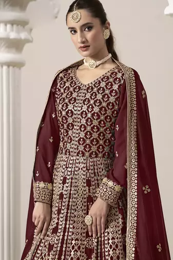 Maroon faux georgette embroidered anarkali suit