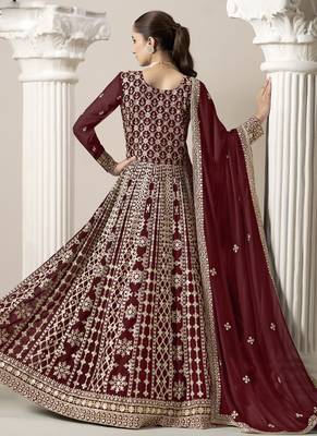 Maroon faux georgette embroidered anarkali suit 4