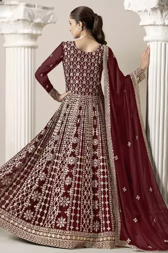 Maroon faux georgette embroidered anarkali suit