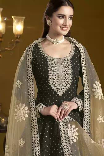 Black chanderi butti embroidered anarkali suit
