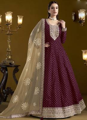 Wine chanderi butti embroidered anarkali suit 1