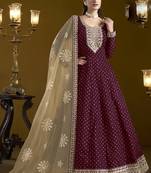 Wine chanderi butti embroidered anarkali suit