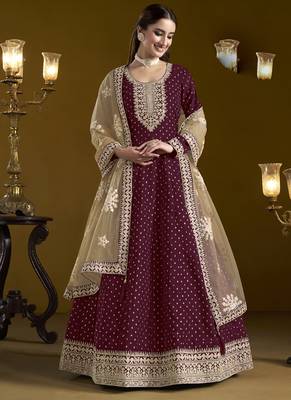 Wine chanderi butti embroidered anarkali suit 2
