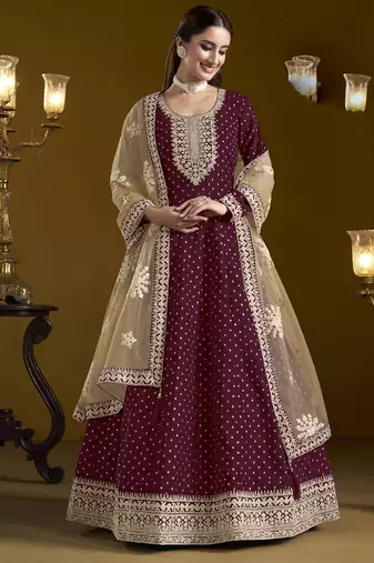 Wine chanderi butti embroidered anarkali suit