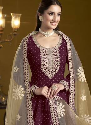 Wine chanderi butti embroidered anarkali suit 3