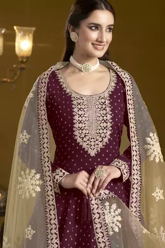 Wine chanderi butti embroidered anarkali suit
