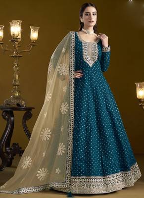 Royal blue chanderi butti embroidered anarkali suit 1