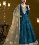 Royal blue chanderi butti embroidered anarkali suit