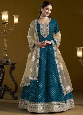 Royal blue chanderi butti embroidered anarkali suit 2