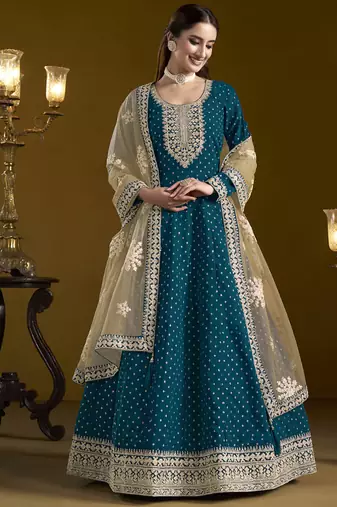 Royal blue chanderi butti embroidered anarkali suit