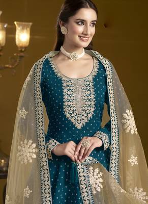 Royal blue chanderi butti embroidered anarkali suit 3
