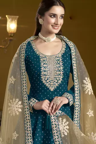 Royal blue chanderi butti embroidered anarkali suit