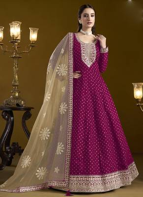 Rani pink chanderi butti embroidered anarkali suit 1