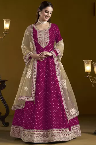 Rani pink chanderi butti embroidered anarkali suit