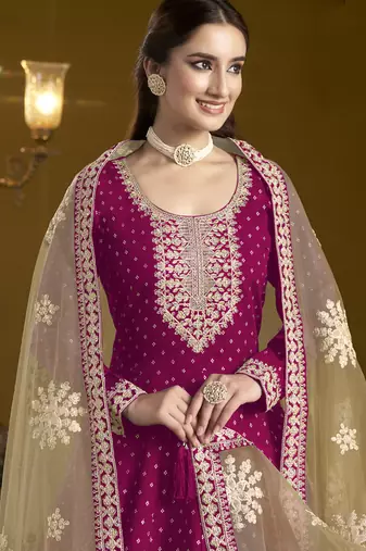 Rani pink chanderi butti embroidered anarkali suit