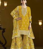 Yellow chinon silk embroidered Sharara suit