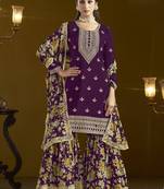 Wine chinon silk embroidered Sharara suit