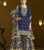 Navy blue chinon silk embroidered Sharara suit