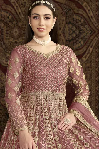 Light pink net embroidered anarkali suit