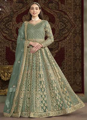 Sea green net embroidered anarkali suit 1