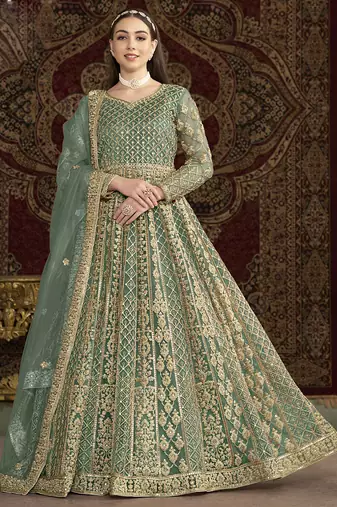 Sea green net embroidered anarkali suit